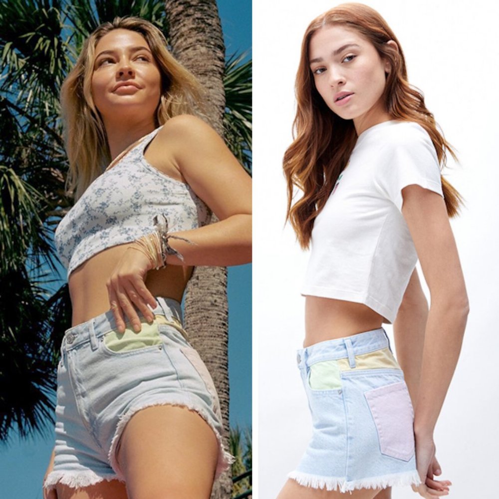 NWT PacSun Eco Rainbow Paneled High Waisted Denim Festival Shorts